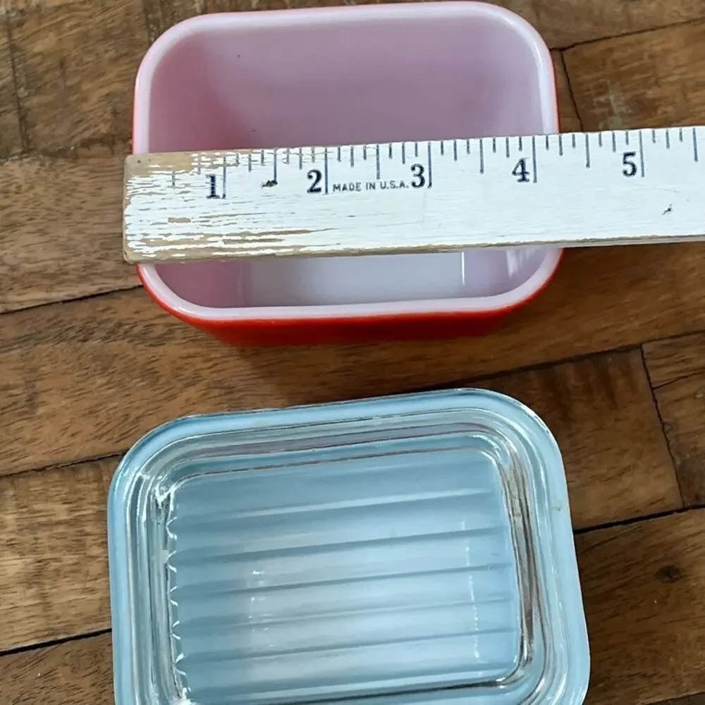 Vintage 1950s Pyrex Glass Refrigerator Dishes Set of 3 One Without Lid Blue Red